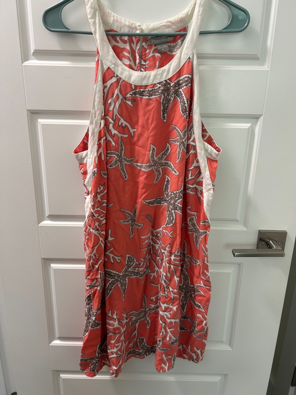 Coral Starfish Print Racerback Mini Dress with Ivory Trim